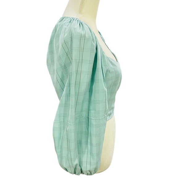 Buru Sweetheart Neck Balloon Sleeve Stripe Smocked Bustier Crop Top NWT Aqua - Picture 12 of 16